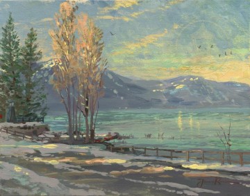 connecticut shoreline autumn Painting - Lake Tahoe Shoreline Winter Thomas Kinkade